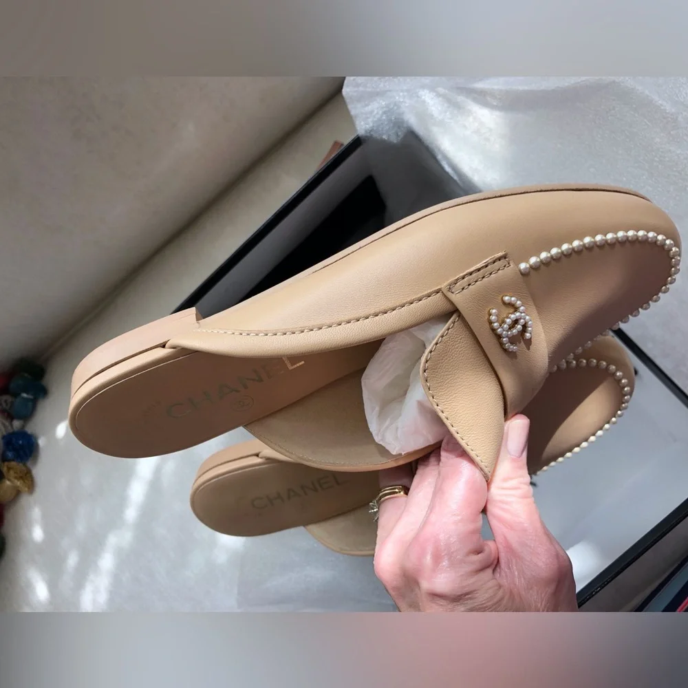 Chanel Beige Leather Pearl-Trim Loafer Mules Size 38